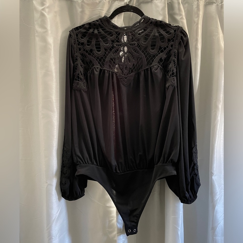 EXPRESS sheer black bodysuit with cutout lace detail